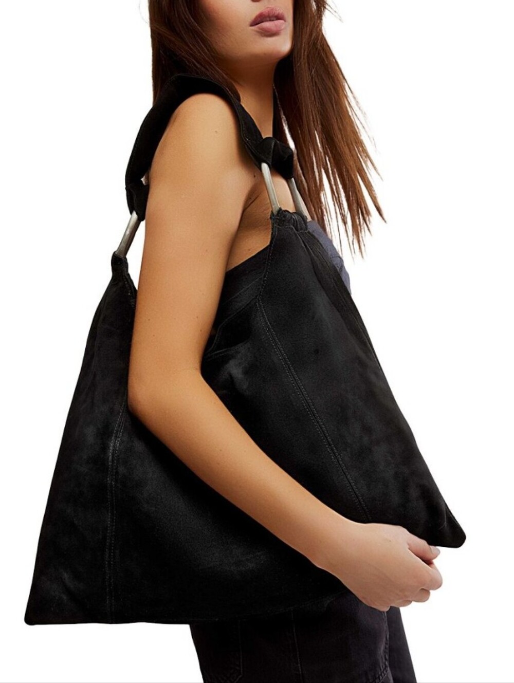 Free People Black Suede Knot-Handle Hobo Tote